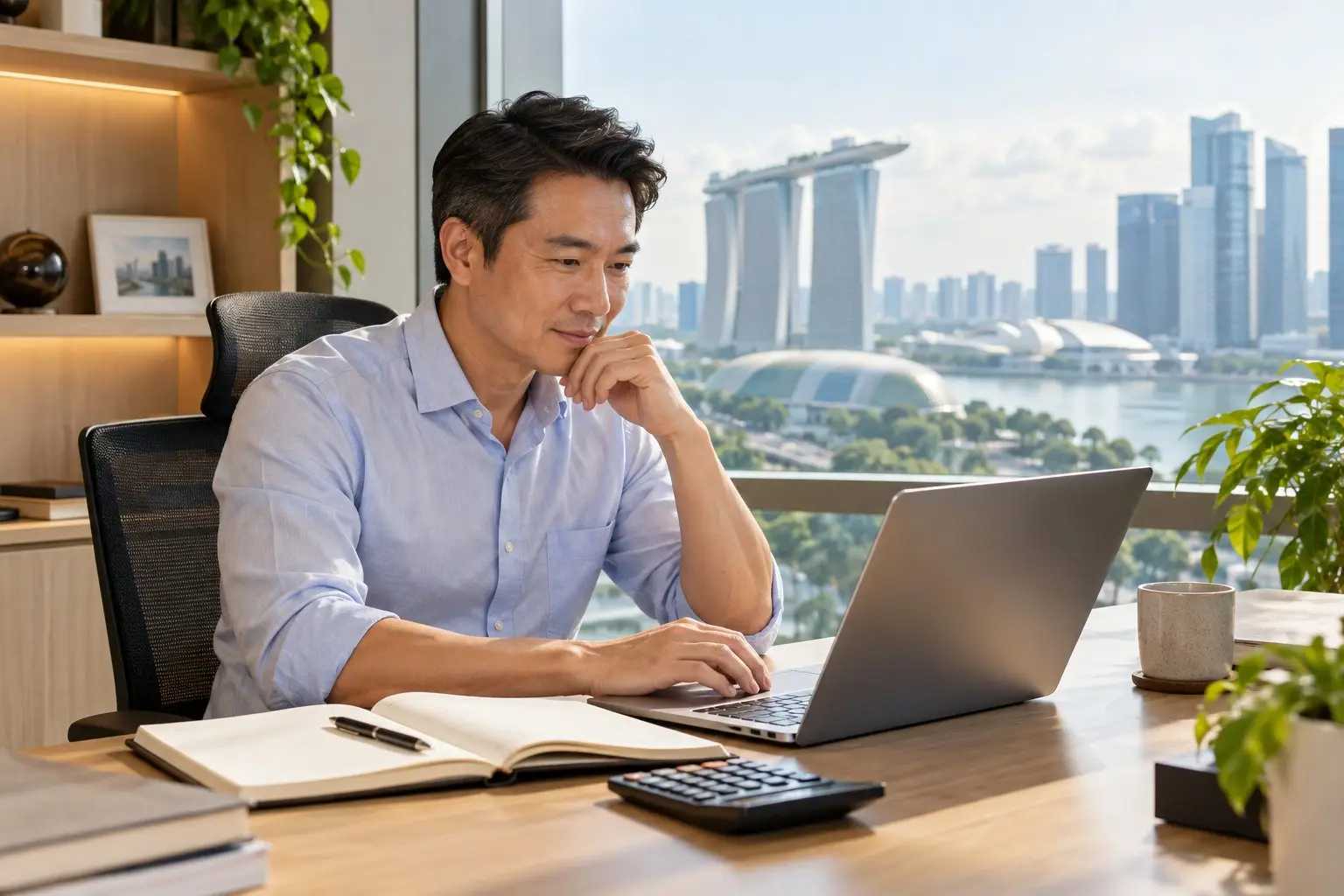 A company director reviewing accounts on a laptop and notebook at a quiet office desk