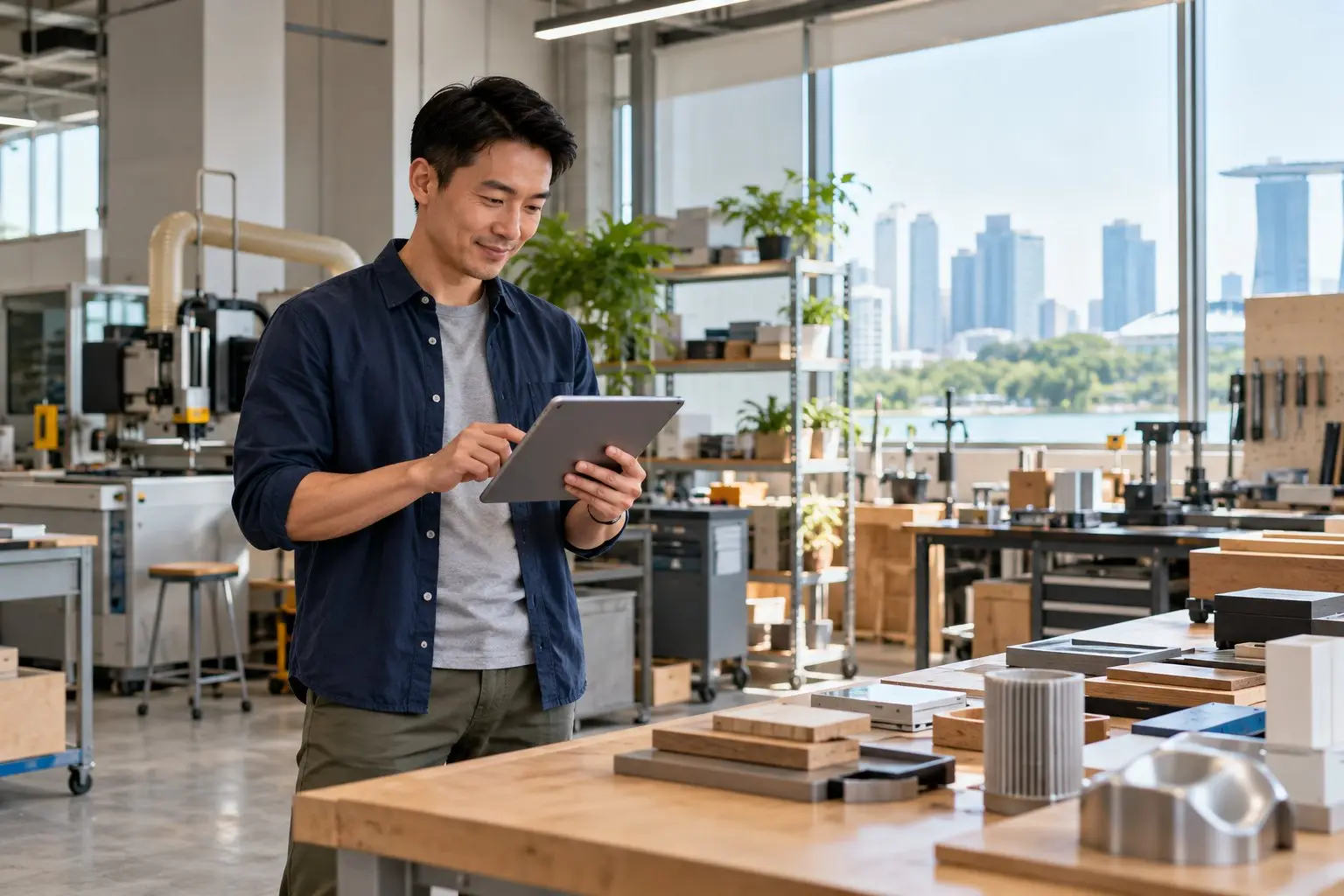 A business professional using a tablet in a modern Singapore workshop