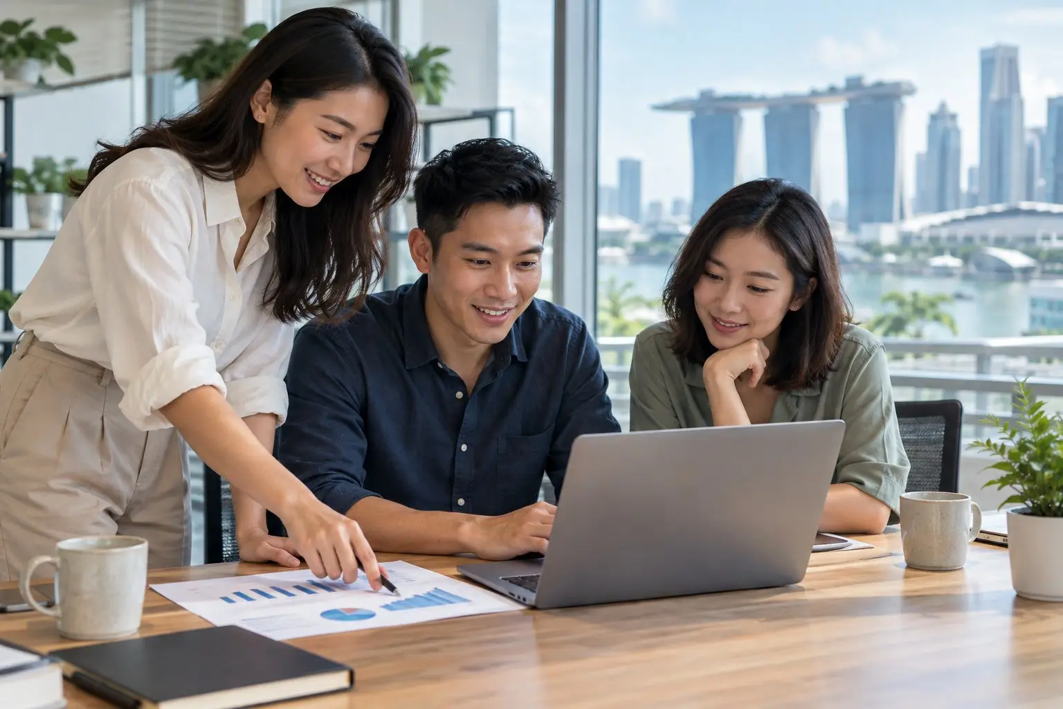 An SME team reviewing a growth plan on a laptop in a bright Singapore office