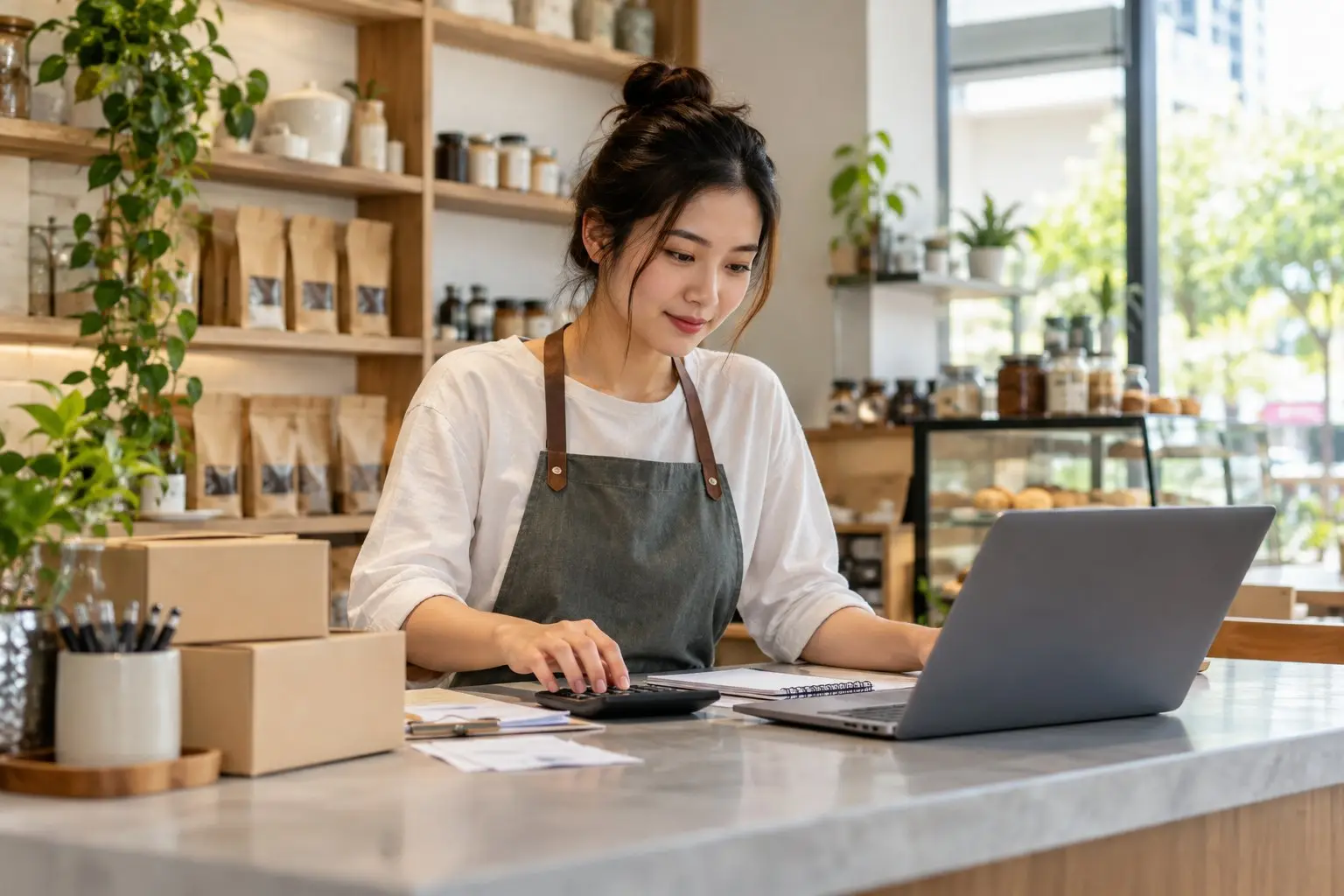 A small-business owner reviewing figures on a laptop and calculator at a shop counter