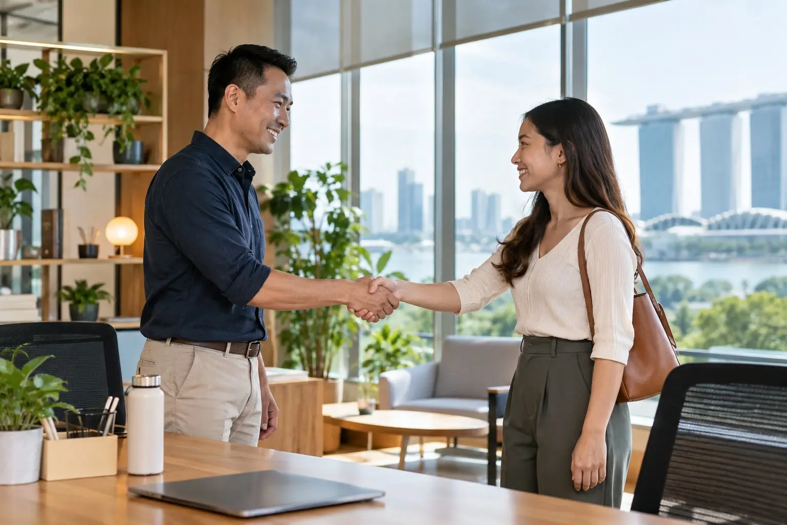 A small-business owner welcoming a new employee with a handshake in a bright office