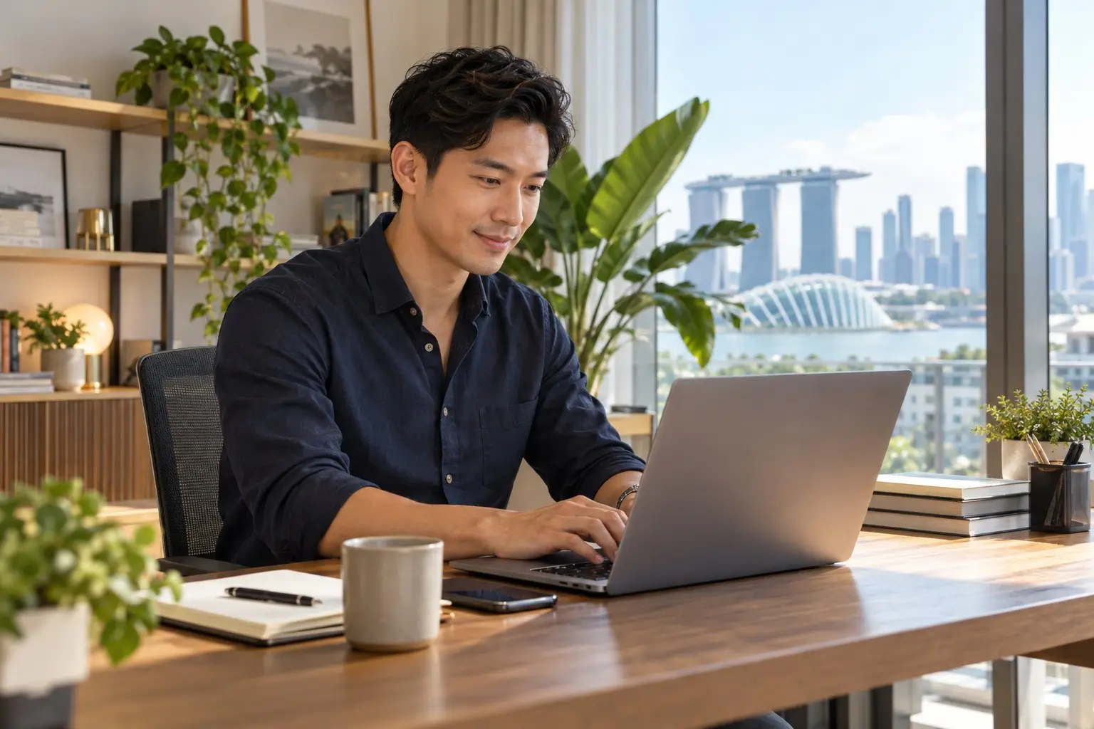 A founder registering a business on a laptop at a tidy desk in a bright home office