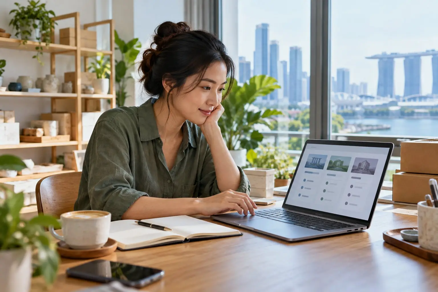 A small-business owner comparing bank account options on a laptop at a tidy desk