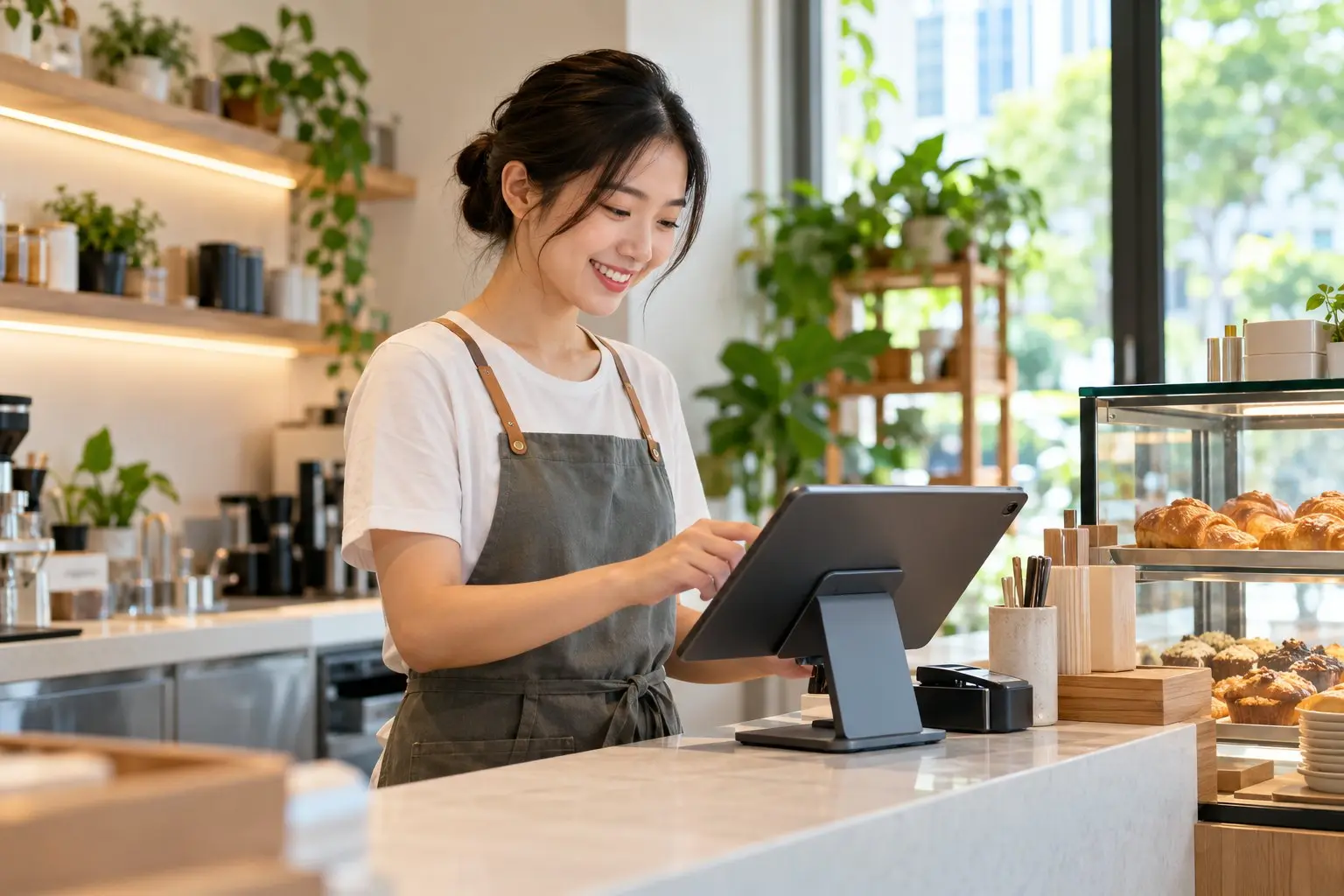 A worker using a tablet point-of-sale system at a small shop counter
