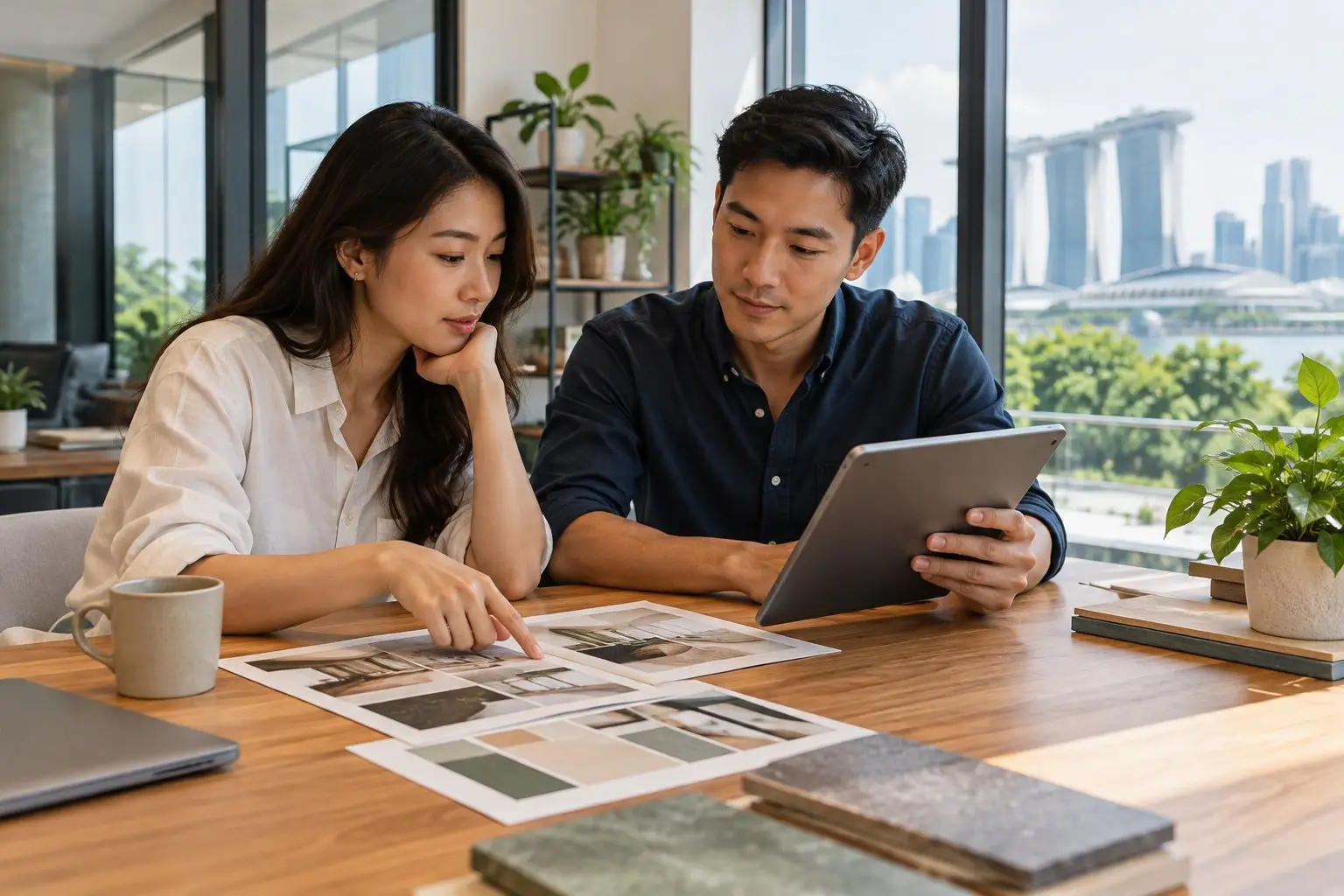 Two co-founders comparing business options on paper and a tablet at a table