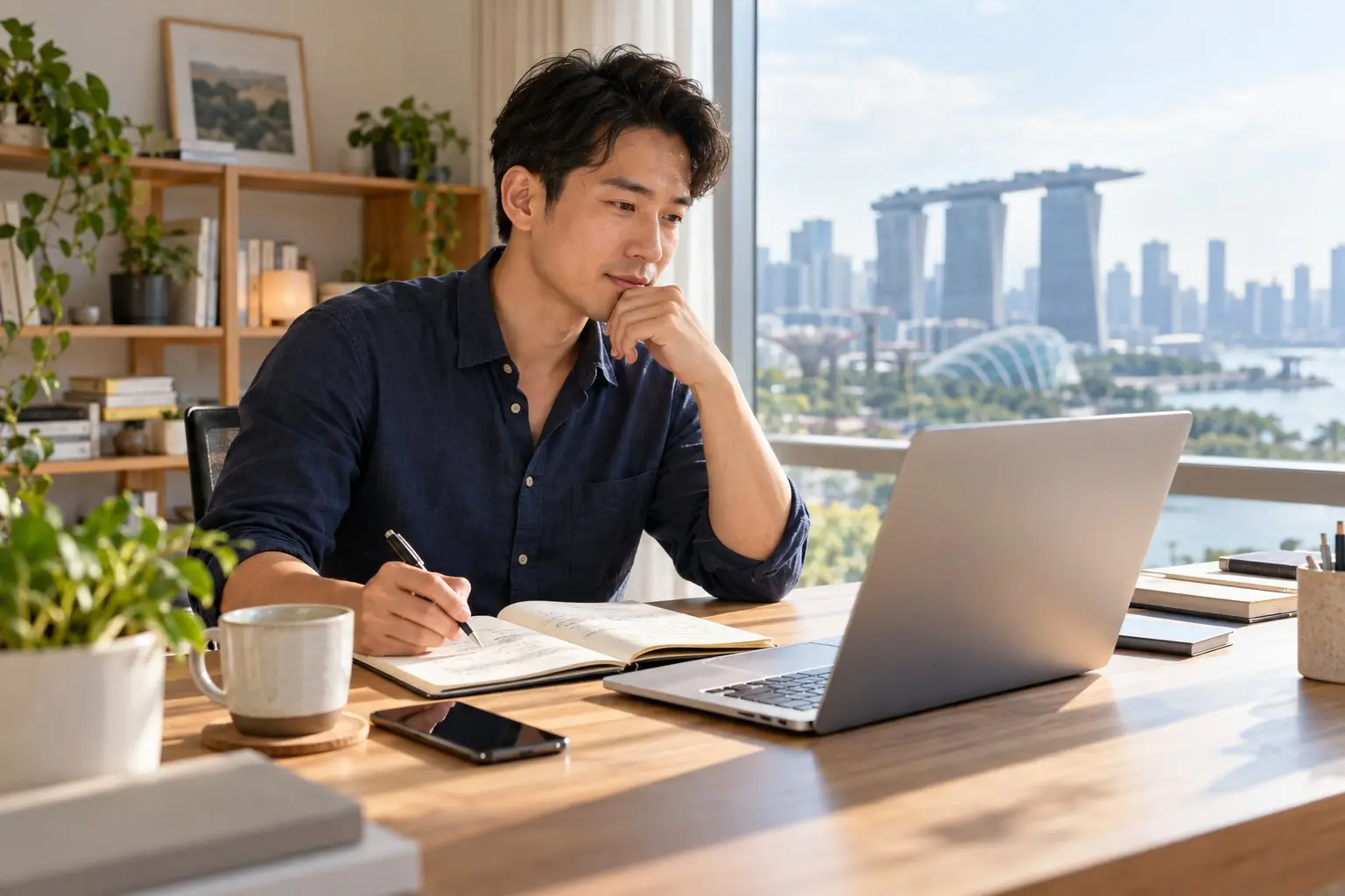 A founder comparing business activity options on a laptop at a bright desk with notes